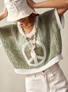 Bohemela 女士纯色拼接短袖镂空简约休闲毛衣 - 綠色 - 查看 6