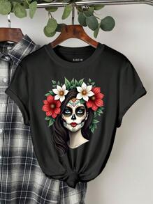 INAWLY Camiseta de mujer de ajuste regular con estampado de calavera de azúcar mexicana y floral - Negro - Ver 1