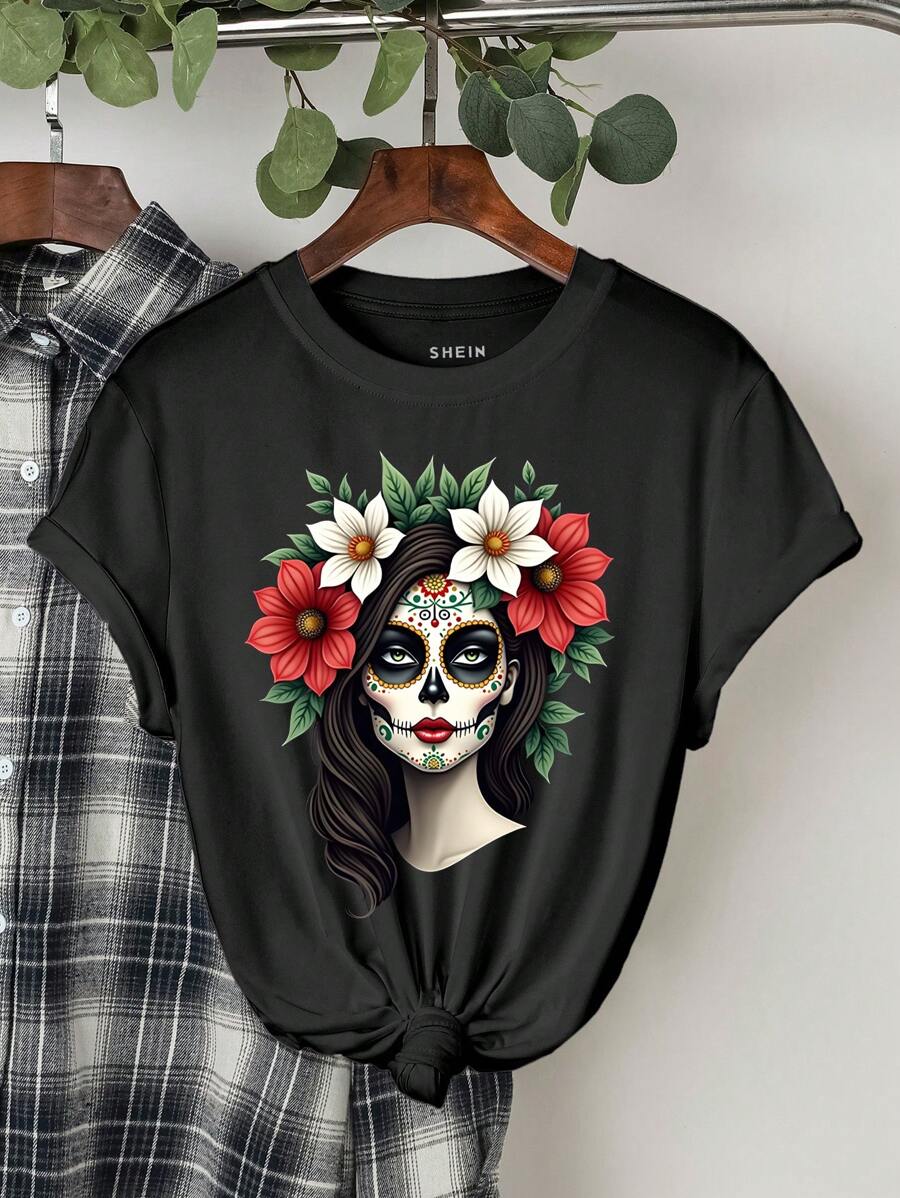 INAWLY Camiseta de mujer de ajuste regular con estampado de calavera de azúcar mexicana y floral - Negro - Ver 1
