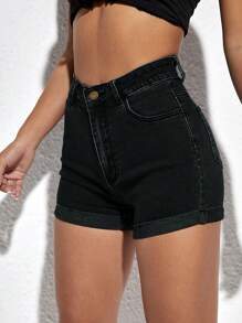 SHEIN ICON Short en jean ajusté décontracté simple avec boutons et poches avant pour femmes