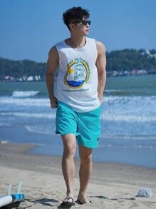 DAZY 夏季绿色撞色抽绳男士沙滩短裤，休闲度假风格 - 綠色 - 查看 6