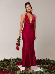 Silquee Robe élégante, sexy et romantique pour une soirée, col drapé en satin Top de gamme avec fleurs 3D pour femmes - Rouge - Voir 1
