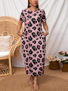 EMERY ROSE Plus Size Women Leopard Print Mid-Length Dress, Summer