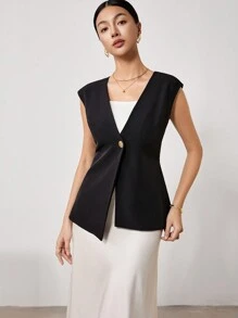 EastFlair Women's Solid Color Front Button Placket Sleeveless Minimalist Top, Casual Everyday Wear/Summer\Vacation - Black - View 7