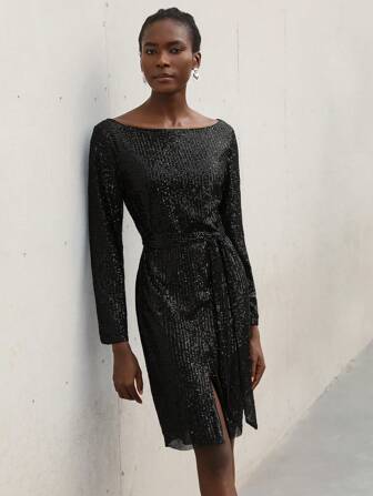 SHEIN Privé 优雅商务/派对亮片中长连衣裙，露肩，腰带，前开衩，长袖，适合多种场合