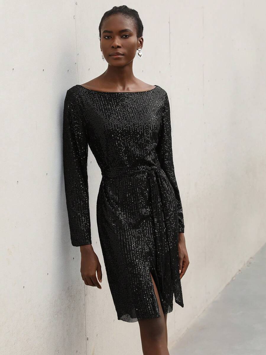 Femmeiva Elegant Business/Party Sequin Midi Dress, Off Shoulder, Waist Belt, Front Slit, Long Sleeve, Suitable For Multiple Occasions Fall Cloth For Women - Black - View 1