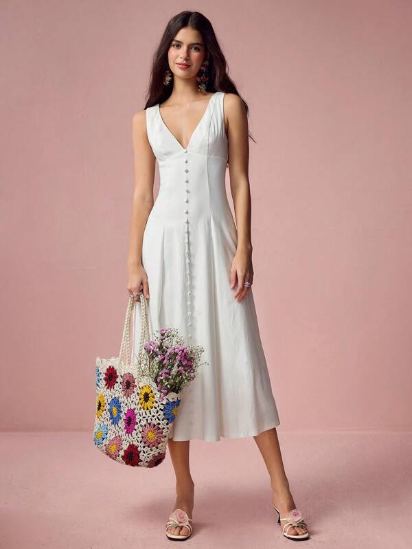 Enchnt Spring And Summer Romantic Women's Solid Color V-Neck Button Design Sleeveless Midi Dress, Sweet And Elegant Sexy Sundress, Suitable For Wedding Season, Holidays, Vacation, Sweet Date And Graduation Season, Women's Summer Clothing, Dress Elegant,Sun Dress
