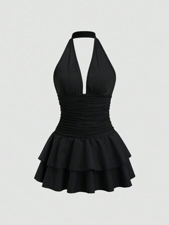 Sweetra Vestido mini con escote en V, espalda descubierta y volantes, en un diseño de patchwork de punto y tejido, con cintura fruncida. Simple y elegante para vacaciones, uso diario casual, primavera/verano para mujer