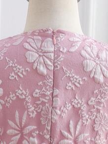 Girls Jacquard Floral Round Neck Sleeveless Bowknot Waist Dress, Pink - Multicolor - View 5