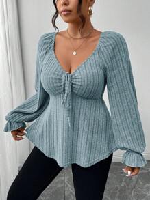 SHEIN Frenchy Plus Size Autumn Casual Long-Sleeved Women's Clothing, Tie On The Chest, Soft And Comfortable Fabric, Beautiful T-Shirt For Home And Outing ,Solid Color Heart-Shaped Collar Ruffle Hem Long Sleeve T-Shirt - Blue - View 6