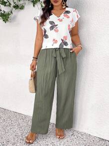 SHEIN Frenchy 2pcs/Set Women Plus Size Boho Print Top And Green Pants Set, Fashion New Style For Spring And Summer Going Out Sets