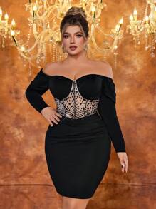 SHEIN Belle 大码女式优雅迷人经典黑色露肩长袖腰网眼水钻装饰紧身连衣裙适合派对宴会鸡尾酒礼服、婚礼宾客礼服 - 黑色 - 查看 5