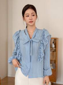 DAZY Bluzka damska w paski z dekoltem w serek i falbanką, jesienna odzież damska z długim rękawem