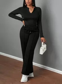 Slaydiva 2 件套女士休闲拉链领长袖 T 恤和抽绳直筒运动裤，简约基本款冬季休闲服套装 - 黑色 - 查看 1