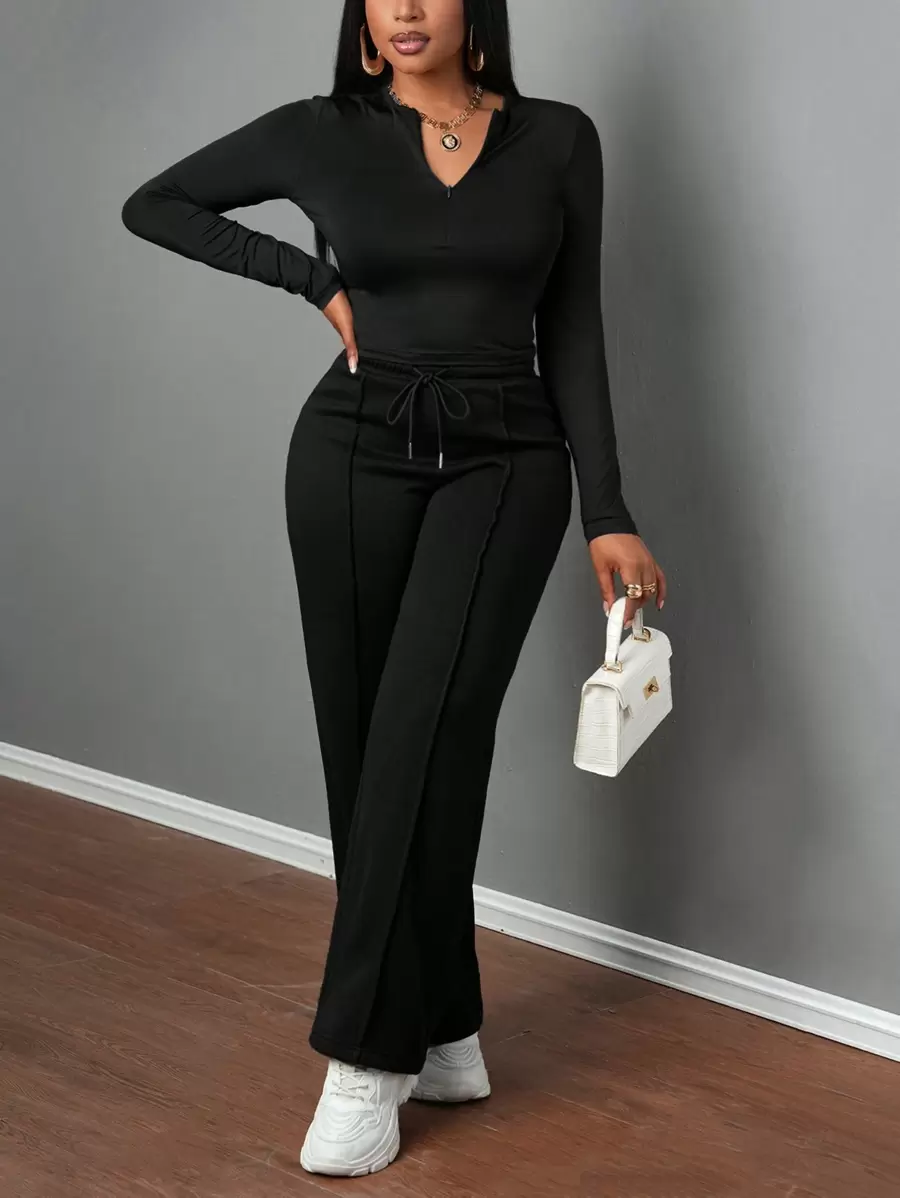 Slaydiva 2 件套女士休闲拉链领长袖 T 恤和抽绳直筒运动裤，简约基本款冬季休闲服套装 - 黑色 - 查看 1