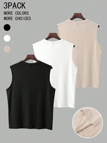 Manfinity Homme 3pcs 2025 New Summer Plus Size Men's Sleeveless T-Shirt, Simple Basic Black White Khaki Colors, Fast Color, Casual Sports Undershirt, Loose Fit
