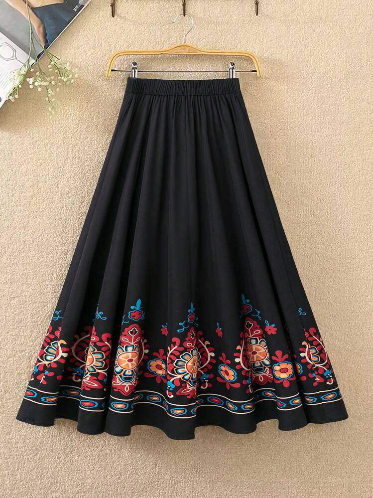 Breezaya Falda negra con cintura elástica de estilo informal de línea A con estampado de loto para mujer de talla grande, ideal para vacaciones de primavera/verano - Negro - Añade 2