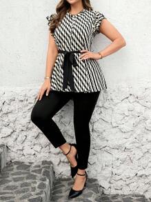 SHEIN Clasi 2pcs Set Women Plus Size Wavy Print Cinched Waist Blouse And Black Leggings, Elegant Outfit For Everyday Wear, Spring/Summer