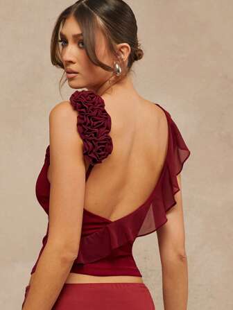 L'Amorae Damkläder, Damkläder Elegant Romantisk Vinröd Enfärgad Draperad Framsida 3D Blommig Dekor Minimalistisk Öppen Rygg Och Volang Casual Ärmlös Crop Top, Vardagskläder, Damtoppar, Sommartoppar, Utestående Toppar, Sexiga Damtoppar, Röd Topp, Sommartoppar, Alla hjärtans dag. För Dejtkväll, Konserter, Framträdanden, Bröllop, Fester, Klubbar, Kväll