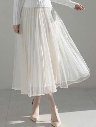 DAZY 女士网眼裙，纯色简约设计，休闲日常