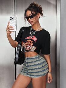 SHEIN PETITE Women's Fashion Sexy Striped Fringe Denim Mini Skirt