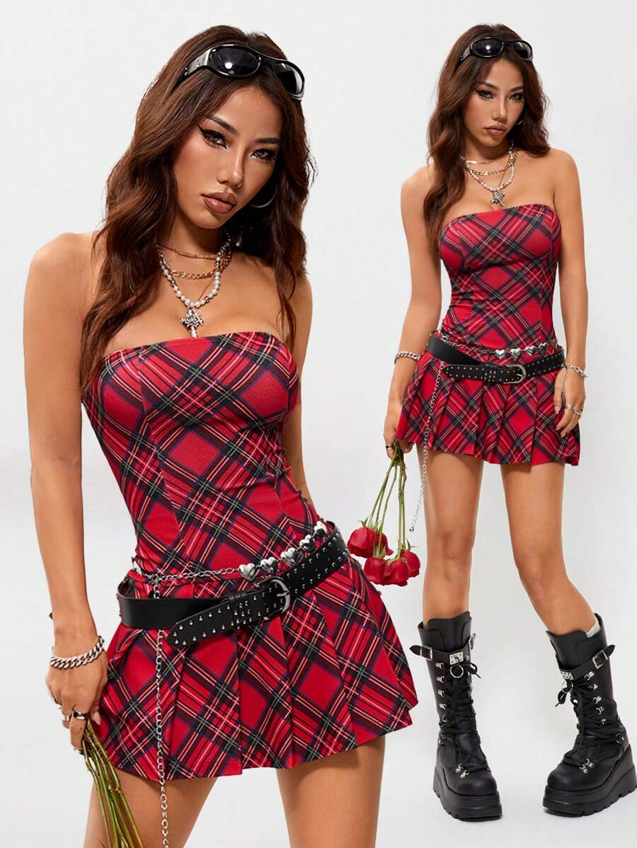 Coolane 女士春夏跨年晚会音乐节格纹露肩迷你百褶裙连衣裙，情人节 - 酒紅色 - 查看 1