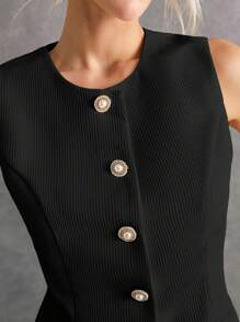 Poéselle 2pcs/Set Women Front Button Sleeveless Minimalist Blouse And Mini Skirt Suit In Fall/Winter - Black - View 5