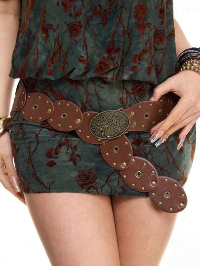 Hippie حزام نسائي مزين بقلاوظ وأبليكات جلدية على الطراز الغربي البوهيمي، إكسسوار متعدد الاستخدامات للفساتين والجينز والملابس الكاجوال، قطعة واحدة