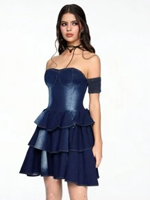 ROMWE Fairycore Women's Sexy Off Shoulder Ruffle Hem Denim Slip Dress