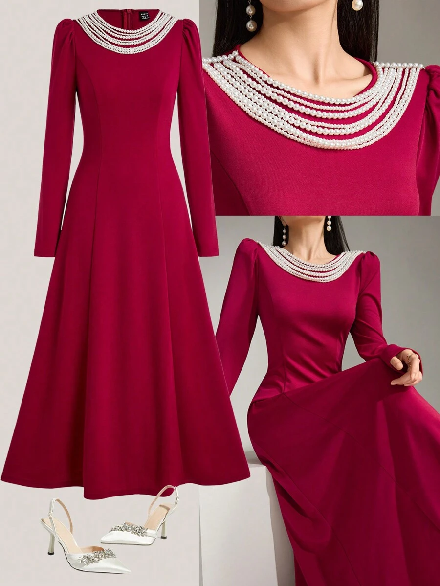 Modelyn Đầm dài màu đỏ đính chuỗi ngọc trai thanh lịch dành cho nữ Đầm dạ hội dài - Đỏ - Xem 1