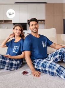 Men's Plaid Print Short Sleeve Top And Pants Pajama Set - Blue - View 5