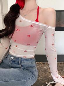DAZY 女士不对称领口蝴蝶结网纱上衣，花卉长袖女式上衣，秋季女装复活节 - 彩色 - 查看 3