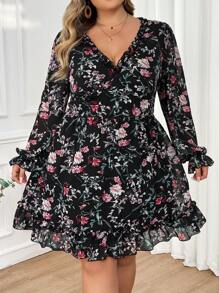 SHEIN CURVE+ Plus Size Women's Printed Ruffled Sleeve Pleated Dress Boho Vacation