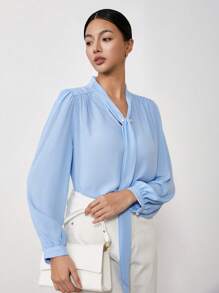 EastFlair Blusa casual de manga larga con detalles plisados y decoración de perlas falsas de unicolor para mujer