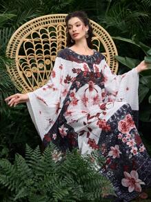 Al Najma Women's Floral Print Round Neck Batwing Elegant Turkish Dress, Modest Kaftan - Multicolor - View 3
