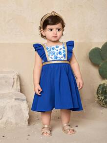 SHEIN Baby Girl Cute Floral Print Mini Dress, Vacation Style, Summer - Blue - View 5