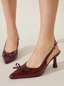 CUCCOO CHICEST 尖头蝴蝶结系带女式高跟鞋，优雅时尚春季休闲通勤装，复古美学 - 酒紅色 - 查看 4