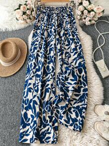 SHEIN Clasi 大码女式情人节撞色印花编织阔腿裤，常规款式，春夏季度假，适合圣帕特里克节狂欢、节日、春假波西米亚风服装 - 藍色 - 查看 1