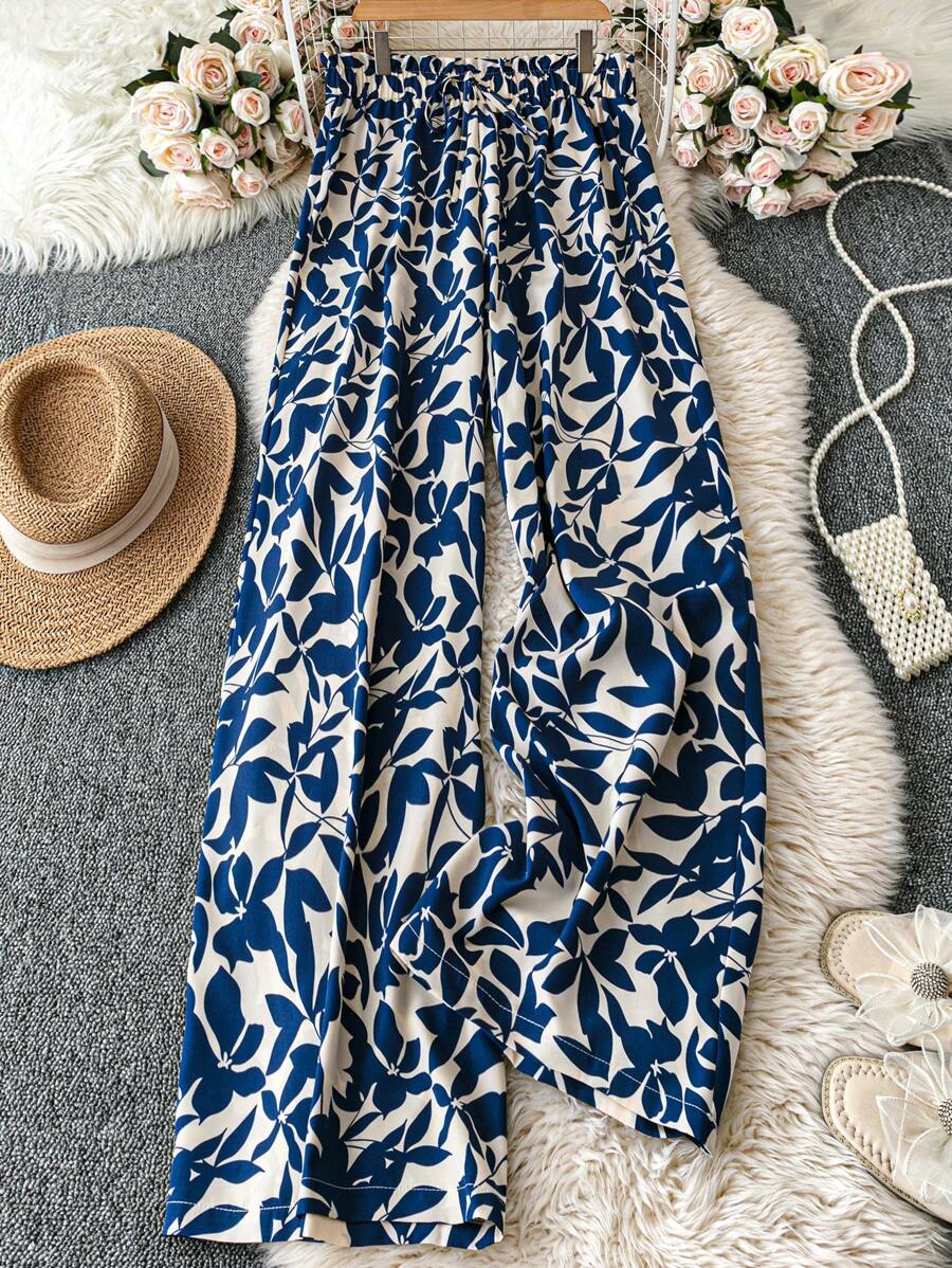 SHEIN Clasi 大码女式情人节撞色印花编织阔腿裤，常规款式，春夏季度假，适合圣帕特里克节狂欢、节日、春假波西米亚风服装 - 藍色 - 查看 1