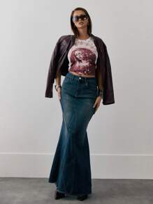 MUSERA High Rise Asymmetric Seam Detail Fishtail Fitted Denim Maxi Skirt Spring 90's Cute - Medium Wash - View 3