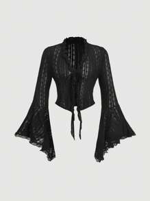 SHEIN MOD Black Lace Panel Tie-Up See-Through Plus Size Cropped Shirt, Bell Sleeve - Black - View 1