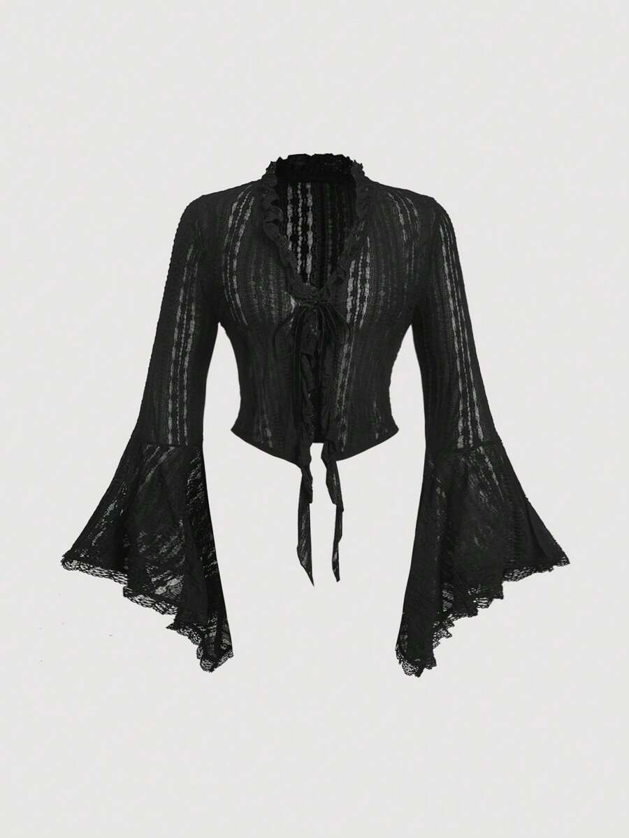 SHEIN MOD Black Lace Panel Tie-Up See-Through Plus Size Cropped Shirt, Bell Sleeve - Black - View 1