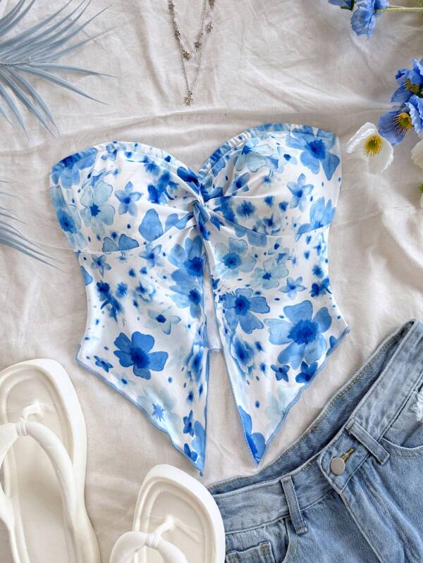 Soleia Parte superior corta de bandeau con estampado floral y teñido anudado en azul claro y azul lago, para vacaciones, ligera y fresca