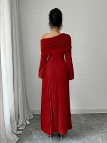 Elenzga Robe longue élégante pour femmes, en couleur unie, avec épaule oblique attrayante, taille froncée, volant asymétrique au bas, idéale pour les déplacements et les soirées - Rouge - Voir 2