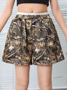 SHEIN Pantalones cortos deportivos informales para niñas preadolescentes con estampado de camuflaje y cintura con múltiples capas, ropa de calle de moda, de vuelta al colegio, eventos deportivos