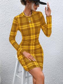 SHEIN Clasi Women's Mustard Yellow Plaid Long Sleeve Bodycon Dress: Fall Fashion - Ginger - View 4