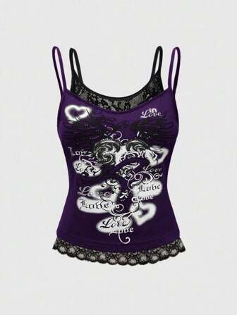 Grunge Punk Top de tirantes vintage con estampado de letras y encaje contrastante para el verano