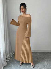 Elenzga 女士优雅时尚通勤迷人派对斜肩不对称下摆褶皱纯色长裙