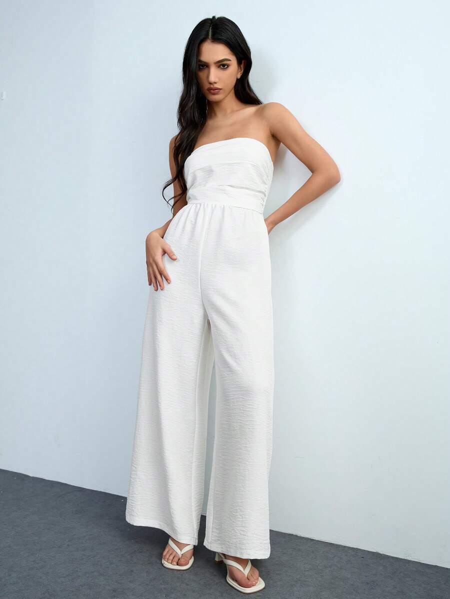 Chiquease 露肩荷叶边白色女式夏季性感度假连体裤，新款春夏韩版柔软裹身紧身长裙，修身褶皱 A 字连体裤，带后肩带