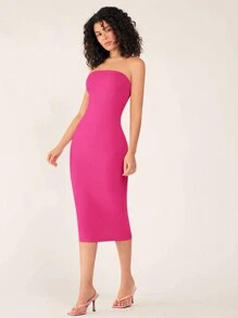 SHEIN BASICS Đầm dự tiệc tối giản dị không dây ôm vừa vặn dành cho nữ - Màu Hồng Tươi - Xem 4